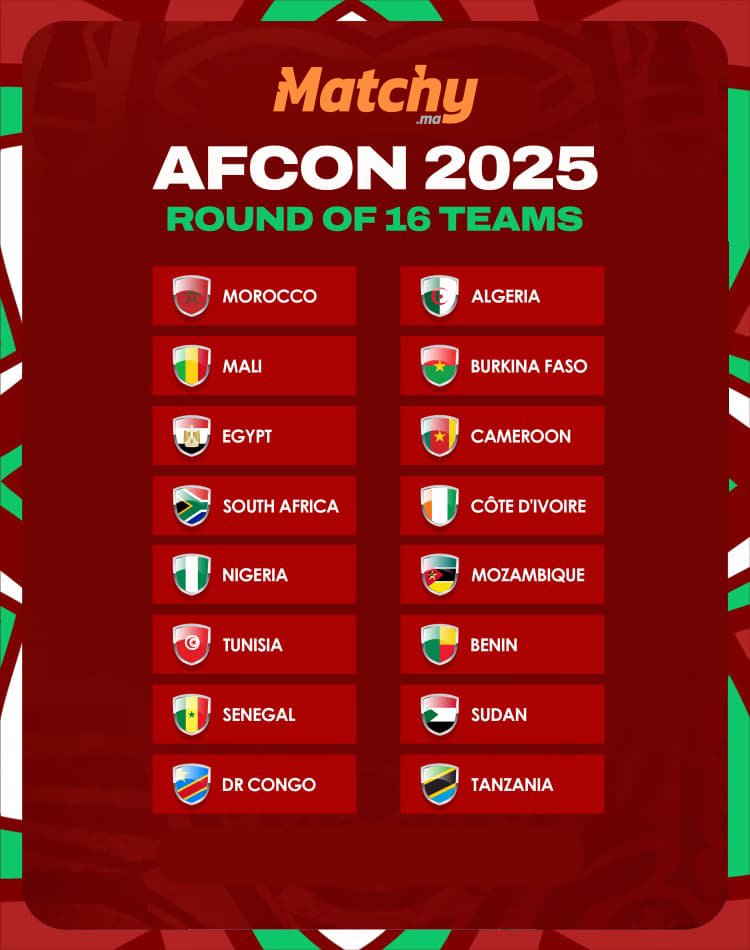 🏆 كأس إفريقيا للأمم 2025 بالمغرب – برنامج مباريات دور ثمن النهائي
