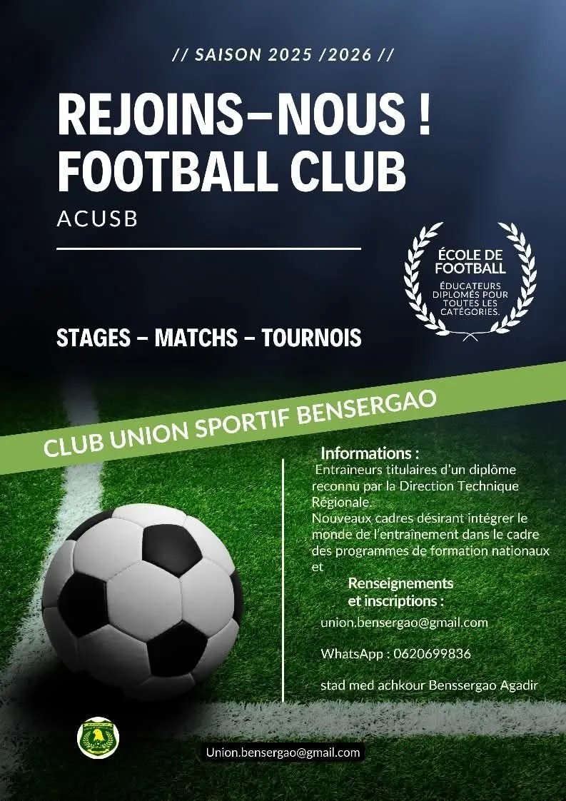 Recrutement d’entraîneurs et cadres administratifs – Union Bensergao Football